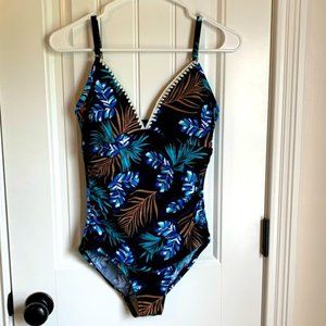 Tropical Small Black and Blue One Piece Bathing Suit, Summer Swim Essentials